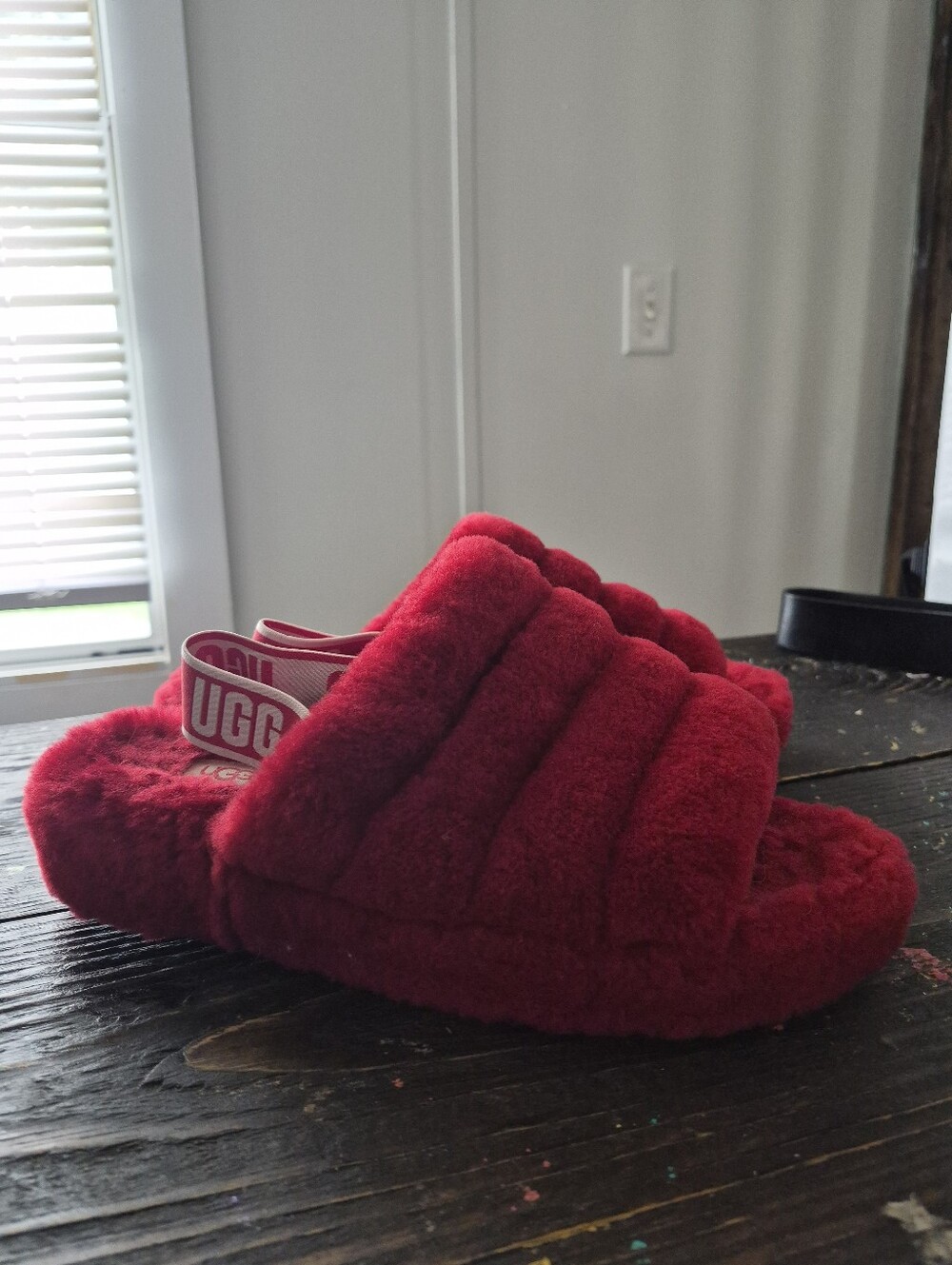 UGG Red Fuzzy Strap Slippers
